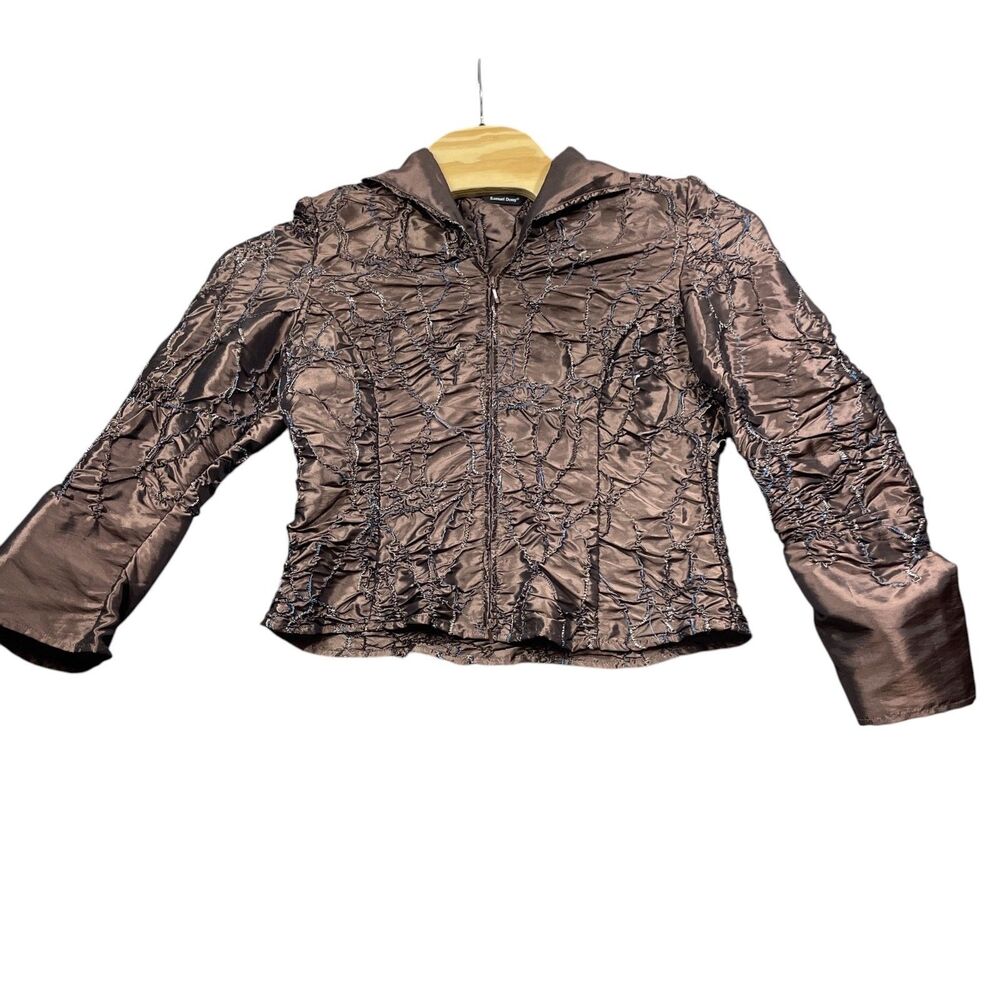 Samuel Dong Medium Full Zip Brown Collared Textured Jacket Polyester Blend